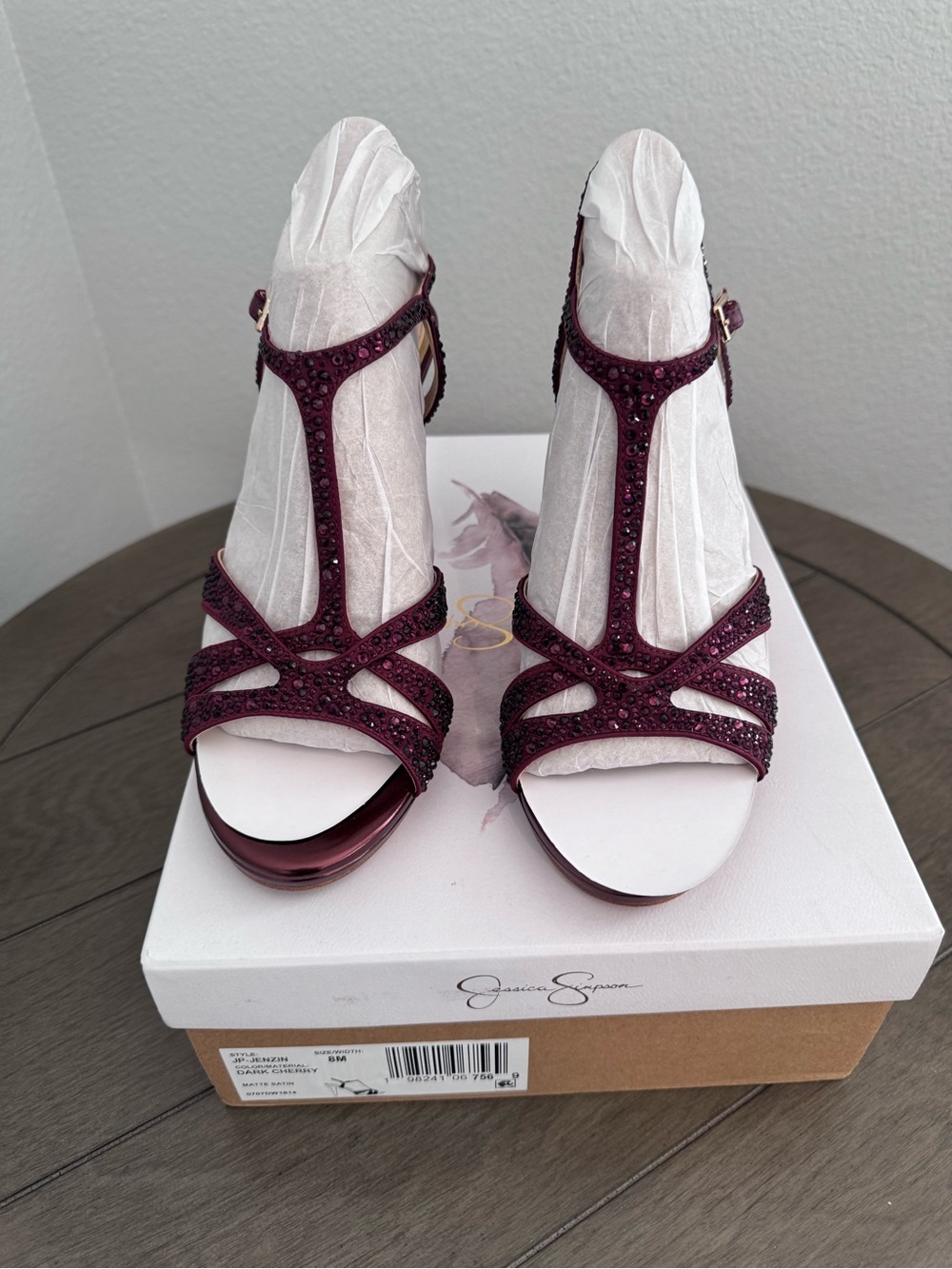 Jessica Simpson Wine T-Strap Crystal Heels